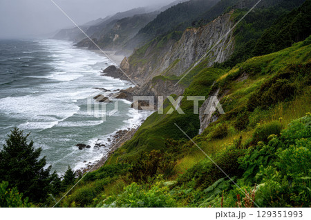 Cliffside view of lush vegetation and crashing ocean waves 129351993