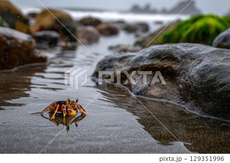 Close-up view of hermit crab exploring tide pool sand 129351996