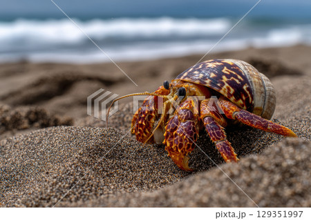 Hermit crab exploring wet sand near tide pools on the shore 129351997