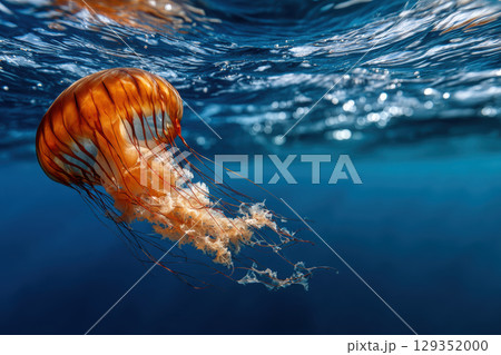 Jellyfish floating gracefully in deep blue ocean waters 129352000