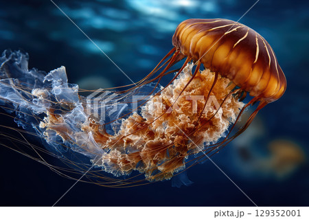 Jellyfish drifts gracefully in serene deep blue ocean 129352001