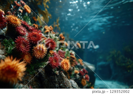 Colorful sea anemones swaying gracefully in ocean currents 129352002