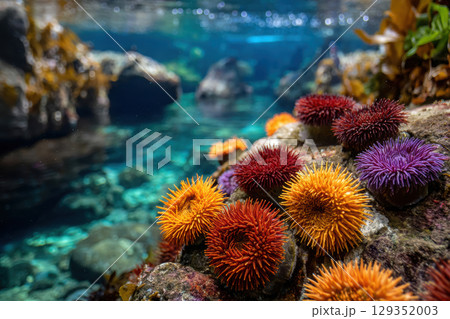 Colorful sea anemones swaying in gentle ocean currents 129352003