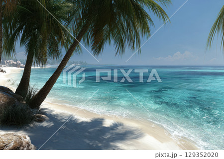 Tranquil beach with palm trees and clear blue water Tranquil beach with palm trees and clear blue water 129352020