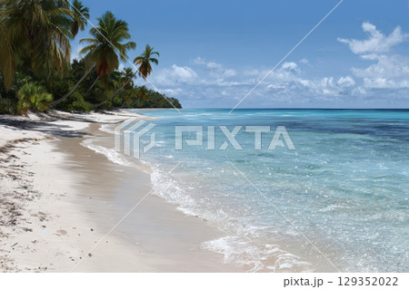 Serene beach with swaying palm trees and bright blue ocean 129352022