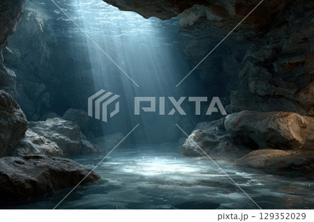 Underwater cave with sunlight piercing through clear water 129352029