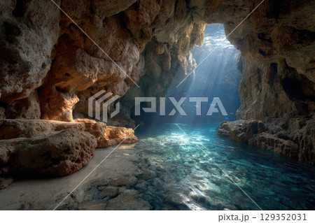 Underwater cave with sunlight streaming through the water 129352031