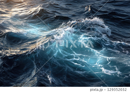 Glowing bioluminescent plankton illuminate dark ocean waves 129352032