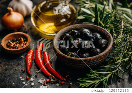 Fresh olives and herbs arranged in a ceramic bowl 129352156
