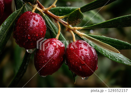 Ripe olives glisten with dew on twisted branches in morning light 129352157