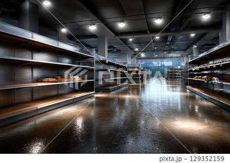 Deserted grocery store shelf highlights supply chain crisis 129352159