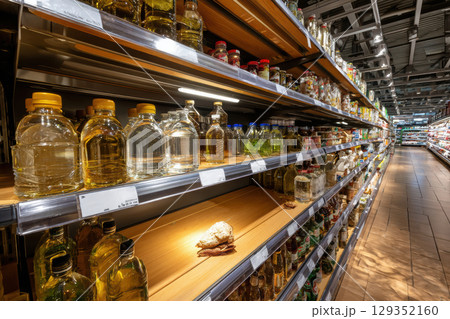 Deserted grocery store shelf highlights supply chain issues 129352160