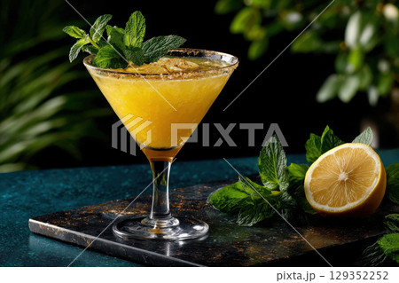 Yellow cocktail in a classy martini glass with lemon 129352252