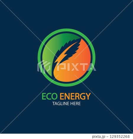 Eco Energy Vector Logo with leaf symbol. Green color with flash or thunder graphic. Nature and electricity renewable. This logo is suitable for technology, recycle, organic. 129352268