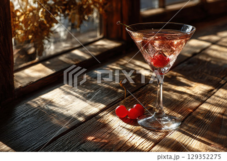 Delicate pink cocktail in a martini glass with cherry garnish 129352275