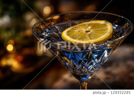 Crystal martini glass with blue cocktail and lemon wheel 129352285