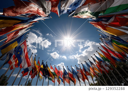 Flags of nations in a circular arrangement 129352288