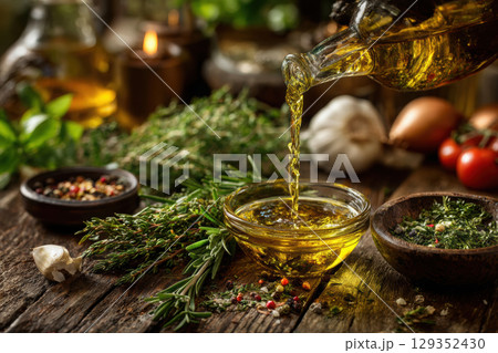 Drizzling olive oil over fresh herbs and vegetables in a kitchen 129352430