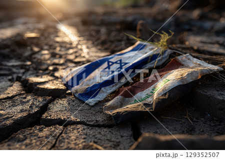 Flags on cracked ground symbolize conflict and hope 129352507