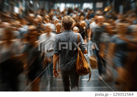 Young person navigates a busy city street in a rush 129352564