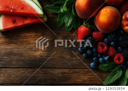 Summer fruits arranged on rustic wooden table for a fresh feast 129352654