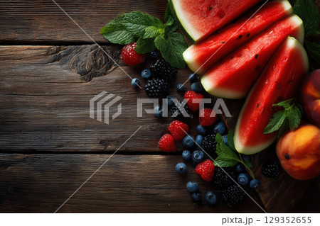 Summer bounty of fresh fruits on rustic wooden table 129352655