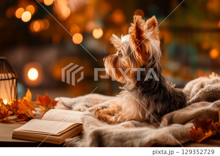 秋の午後に読書する犬（AI生成画像） 129352729