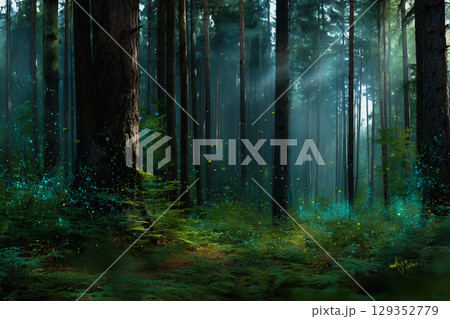 Mystical forest filled with glowing plants and fireflies 129352779