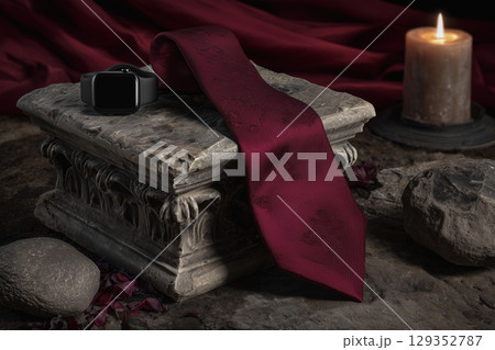Elegant tie and smartwatch on a lit stone pedestal Elegant tie and smartwatch on a lit stone pedestal 129352787