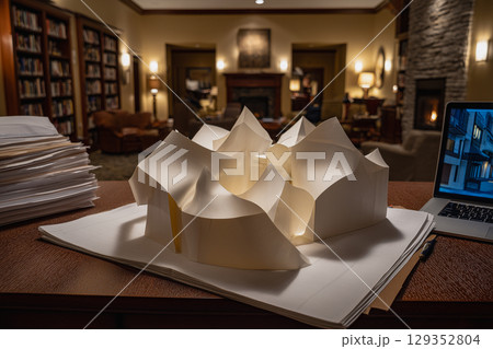 Evolving blueprint transforms into intricate layered model 129352804