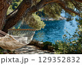 Hammock between pine trees overlooking the Adriatic Sea 129352832