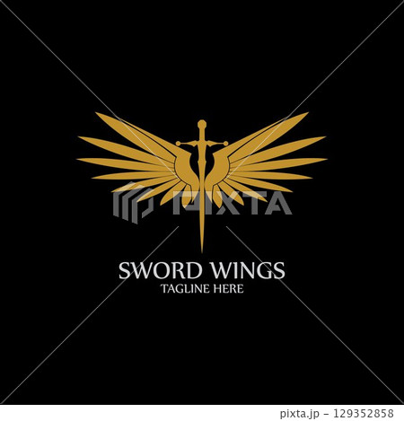 Sword with Wings. Golden Sword Symbol on Black Background. Sword with Wings. Golden Sword Symbol on Black Background. 129352858