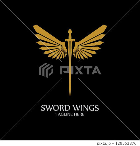 Sword with Wings. Golden Sword Symbol on Black Background. Sword with Wings. Golden Sword Symbol on Black Background. 129352876