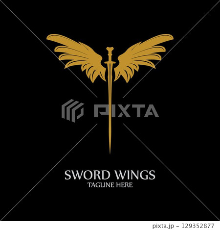 Sword with Wings. Golden Sword Symbol on Black Background. Sword with Wings. Golden Sword Symbol on Black Background. 129352877