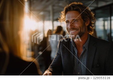 Young professional engages in mentorship in a modern office 129353116