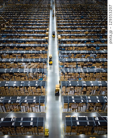 Warehouse for marketplace goods. A lot of boxes stacked on pallets, loaders drive down the aisle, no people, high angle view. 129353207