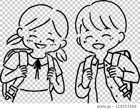 ランドセルを背負う笑顔の男の子と女の子 129353568