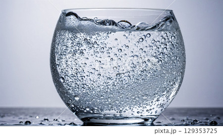 グラスに注がれた炭酸水のきめ細かな泡と水しぶき グラスに注がれた炭酸水のきめ細かな泡と水しぶき 129353725