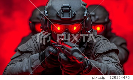 Focused Military Sniper in Red-Lit Ambush 129354476