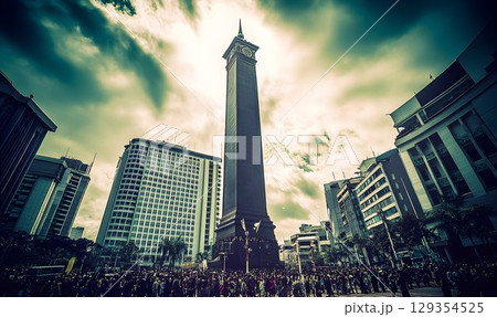 Dramatic Clock Tower Silhouette Against Cloudy Sky, Surrounded b 129354525