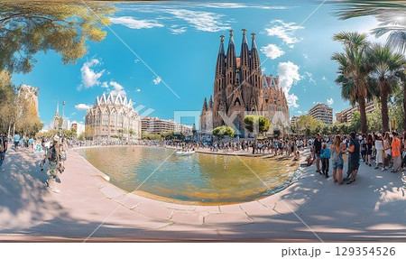 Panoramic cityscape church square people summer sunlight 129354526