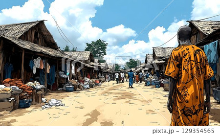 Vibrant outdoor market illustration people shopping sunny day wooden structures colorful clothing 129354565
