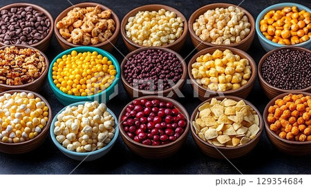 Assorted breakfast cereals and candies in wooden and turquoise b 129354684