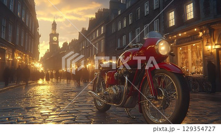 Classic Red Motorcycle Parked on Cobblestone Street at Sunset wi 129354727