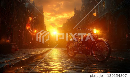 Vintage Motorcycle Gleaming on Wet Cobblestone Street at Sunset Vintage Motorcycle Gleaming on Wet Cobblestone Street at Sunset 129354807