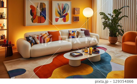 Modern living room interior with colorful rug and abstract art Modern living room interior with colorful rug and abstract art 129354866