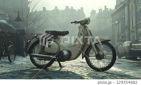Vintage scooter in urban setting city street soft light transportation travel 129354882