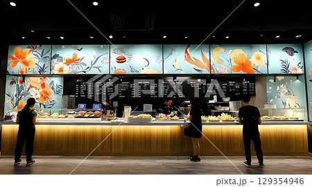 Modern Eatery with Artistic Floral Mural and...のイラスト素材 [129354946] - PIXTA