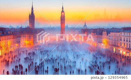 Atmospheric Cityscape with Silhouetted Figures and Golden Hour L 129354965