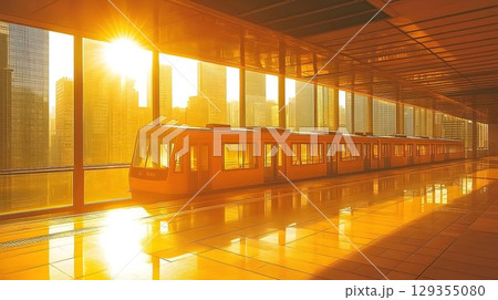 Golden hour train station sunrise reflections modern transportation 129355080